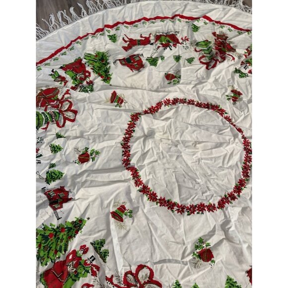 VTG MCM Christmas Tablecloth Round Fringed Santa Trees Bells Holiday Table Read - Picture 7 of 12